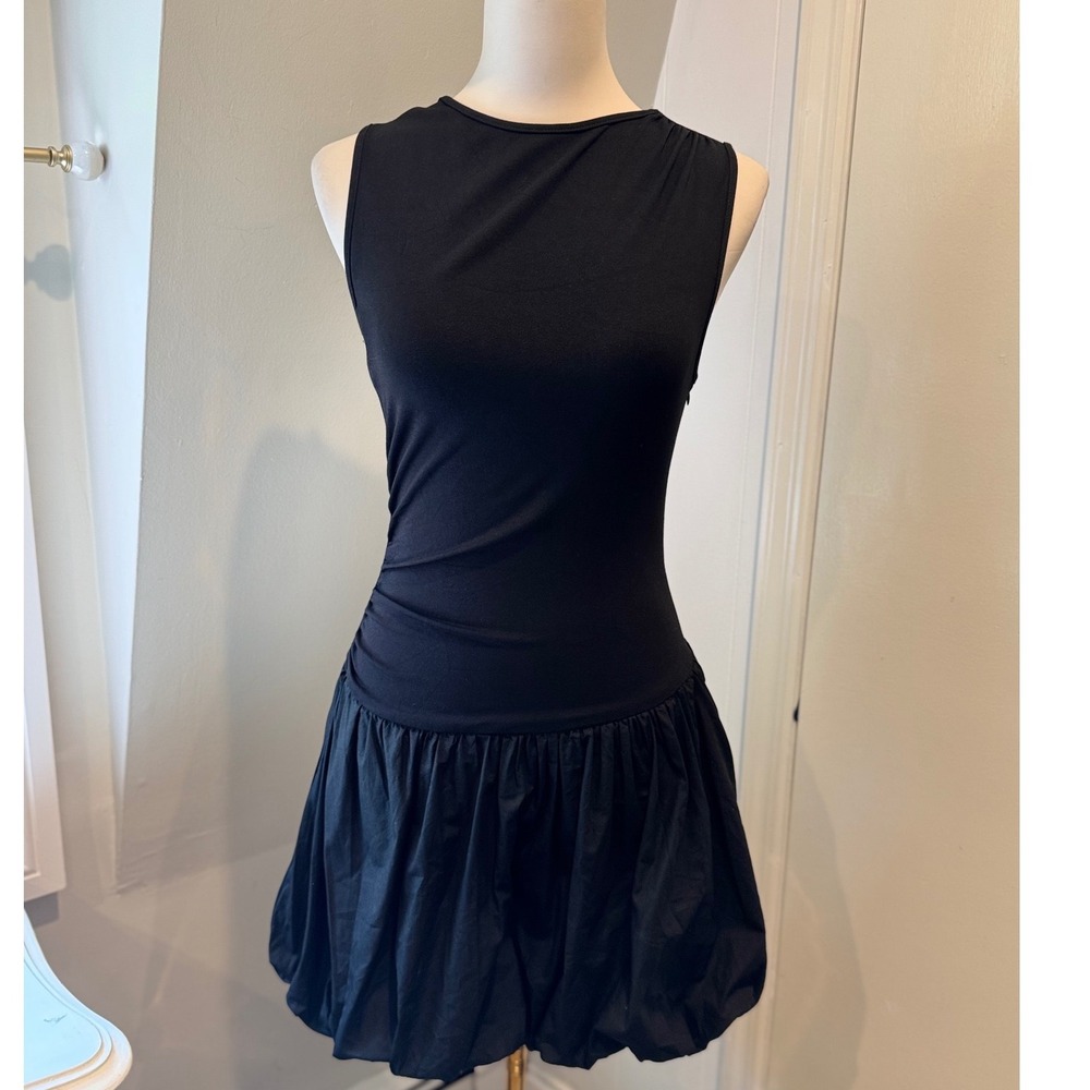SNDYS Black Maya Bubble Dress Black Drop Waist Mini LBD | Size Medium